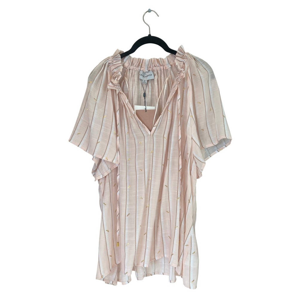 Alex & Parker Pink Striped Gold Foil Feather Peasant Blouse 3X Boho‎